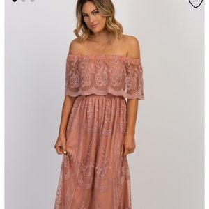 Pink lace off the shoulder maxi dress